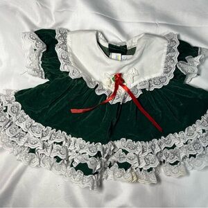 Vintage Mothercare Baby Girl Green Velvet Lace Dress Newborn Holiday Party